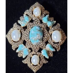 Vintage Sarah Coventry Brooch Faux Turquoise & Pearl 1968 "Remembrance" Signed